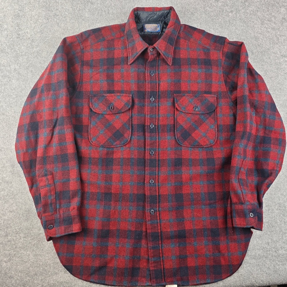 Pendleton Shirt Jacket Mens Large Red Black Plaid Wool Flannel Button Up Vintage